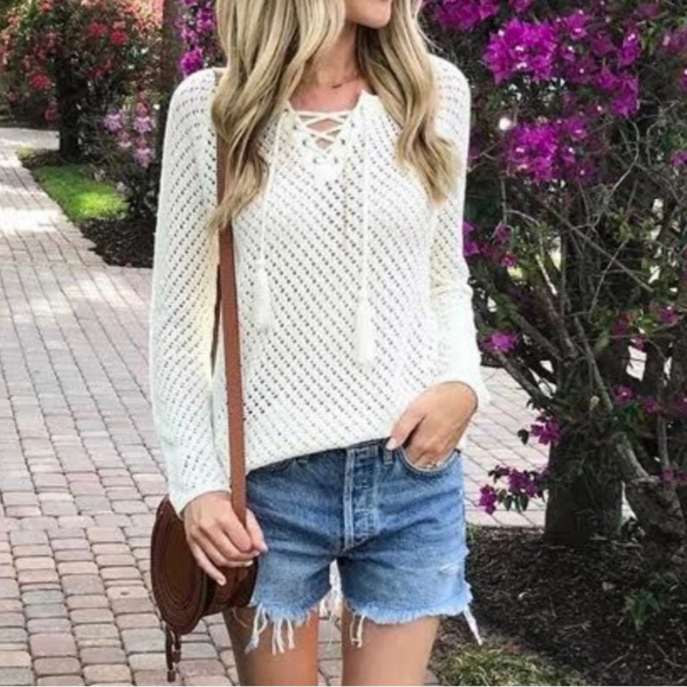 Boho Olive & Oak Louisa Cream Crochet Lace Up Small Sweater